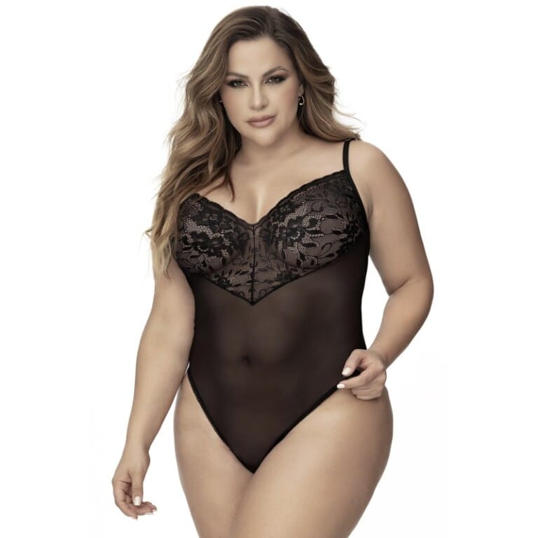 Body grande taille en dentelle & résille noire - Athénais