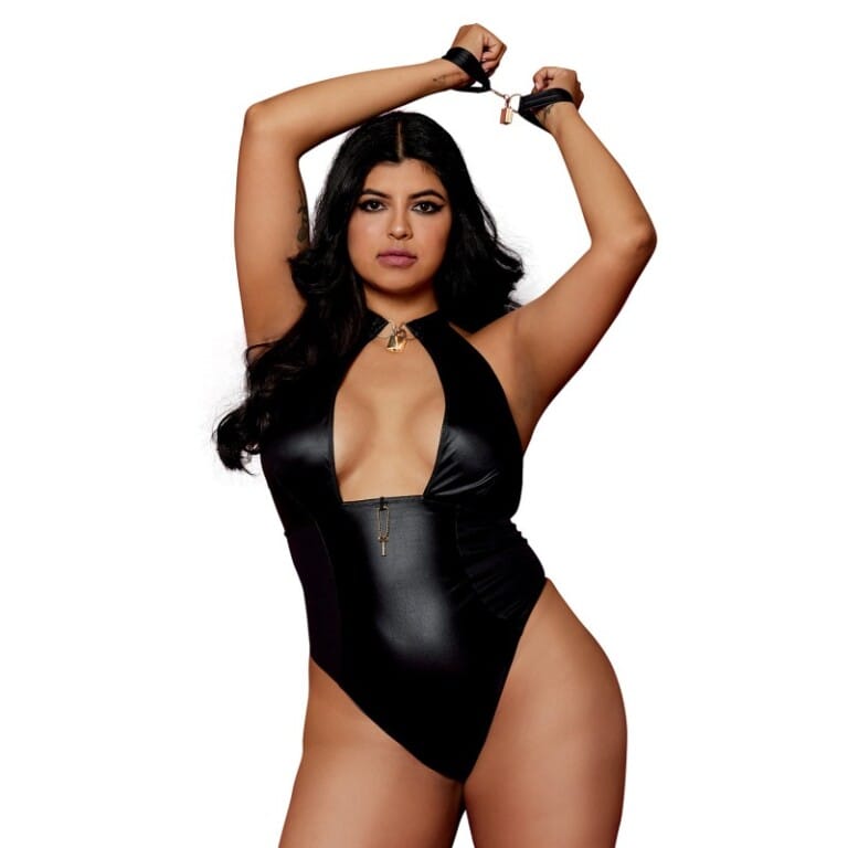 Body effet cuir noir + accessoires sensuels grande taille - Aélia
