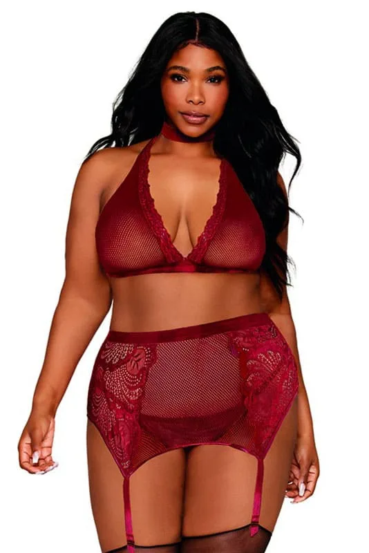 Ensemble rouge Luce : bralette, string et porte-jarretelles